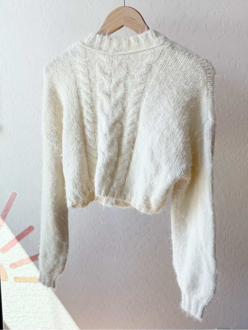 Free People Willow Cardi Tofu White Fuzzy Sweater Cropped Cozy Cable Knit - Picture 3 of 7